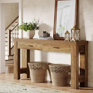 Tribesigns 63" Console Table With 2 Drawers for Hallway or Living Room, Farmhouse Design With Sturdy H-Shaped Legs, Brown