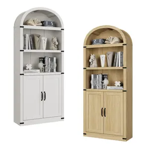 【GARVEE】5-Tier Arched Wooden Bookcase with Doors, 71.65" Tall Farmhouse Bookshelf, Freestanding Storage Cabinet for Living Room Bedroom Office