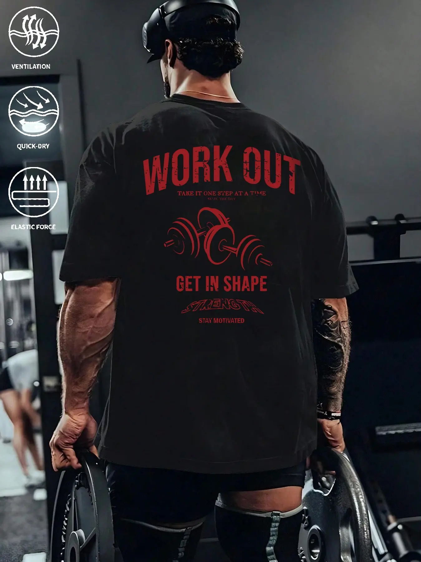 Men's Oversized Workout Graphic T-Shirt, Quick Dry Breathable Stretchy Cotton Drop Shoulder Gym Tee, Vintage Streetwear Fitness Top for Bodybuilding, One Shirt Multiple Wears for Gym, Daily Casual & Street Style, Activewear, Fitness Clothes Tops