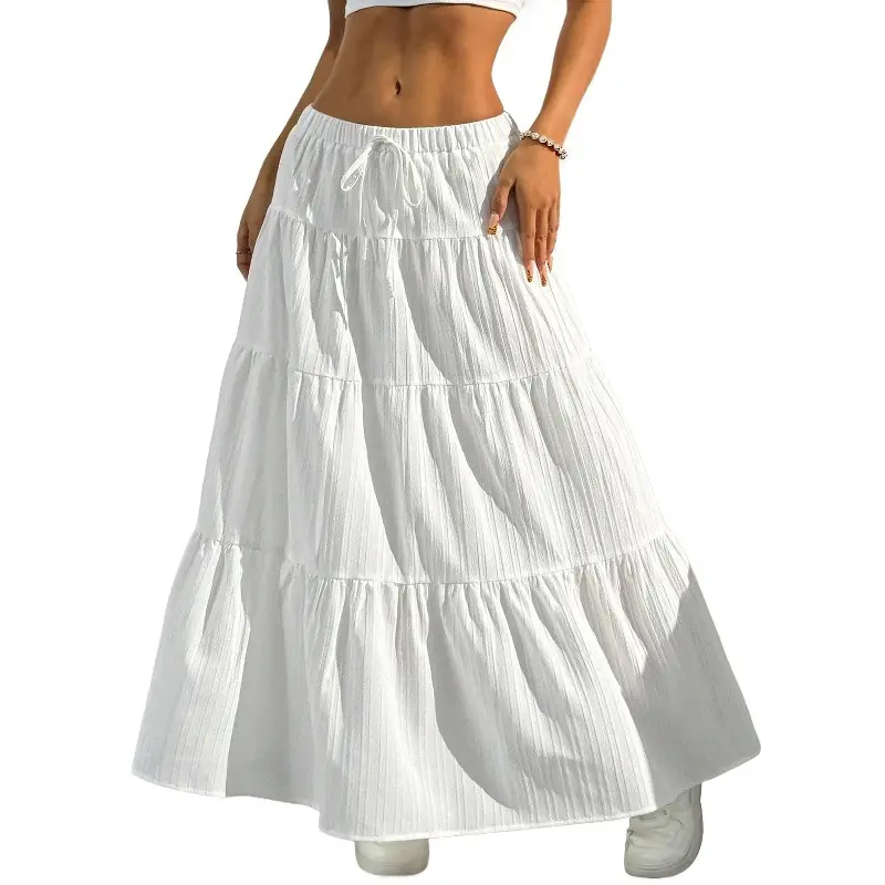 Women's Boho Flowy White Maxi Skirt Flared Ruffle Elastic Waist Summer A Line 2026 Spring Long Skirts,back to school shopping