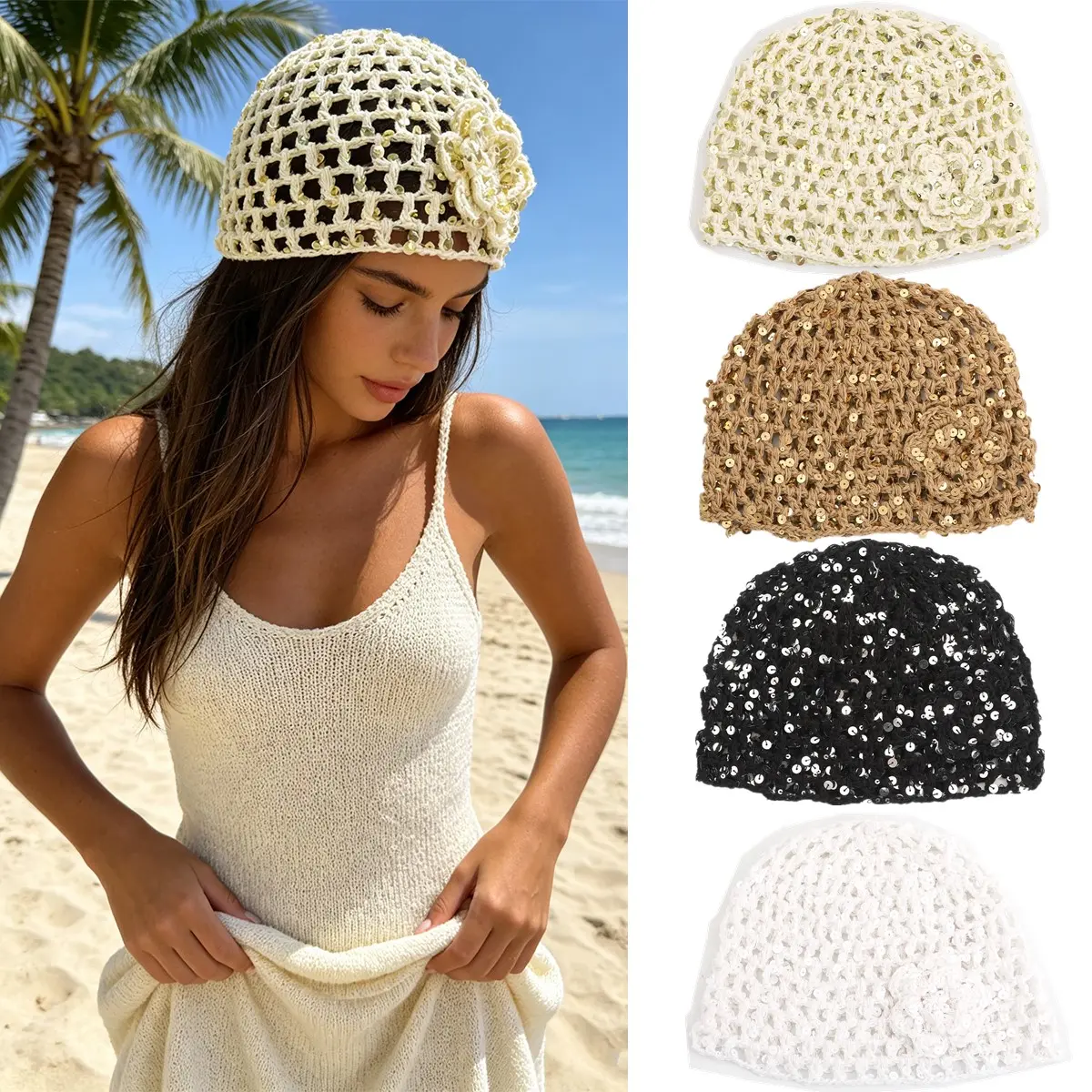 AWAYTR Y2K Women's Summer Sequin Flower Beanie Boho Hollow Out Crochet Hat Headwear for Beach Vacation Outdoorfun Travel Party