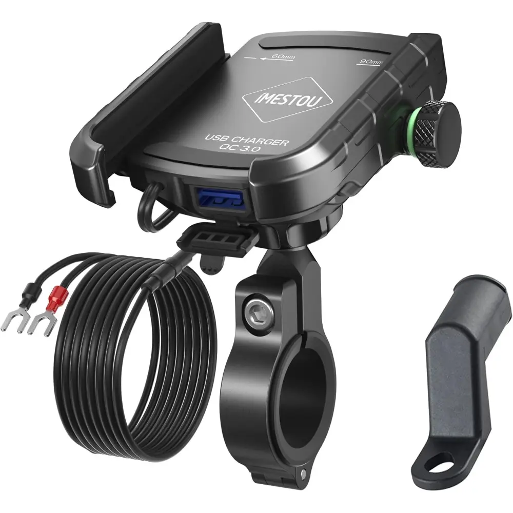 Motorcycle Phone Mount with Fast Charger - Aluminum USB Type Charger, 17mm Ball, 12/24V Compatibility, Adjustable Arms, Easy Install, Power On/Off, iPhone X & 4.0-6.8 Inch Smartphone Fit, Handlebar/Rear-View Mirror Holder, Fast Charger Iphone