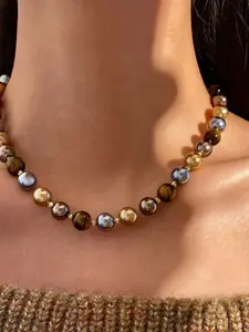 Imitation Tiger Eye Stone Melange Color Necklace, Schiaparelli Pearl Mocha Gold Luxury High-End Collarbone Sweater Chain