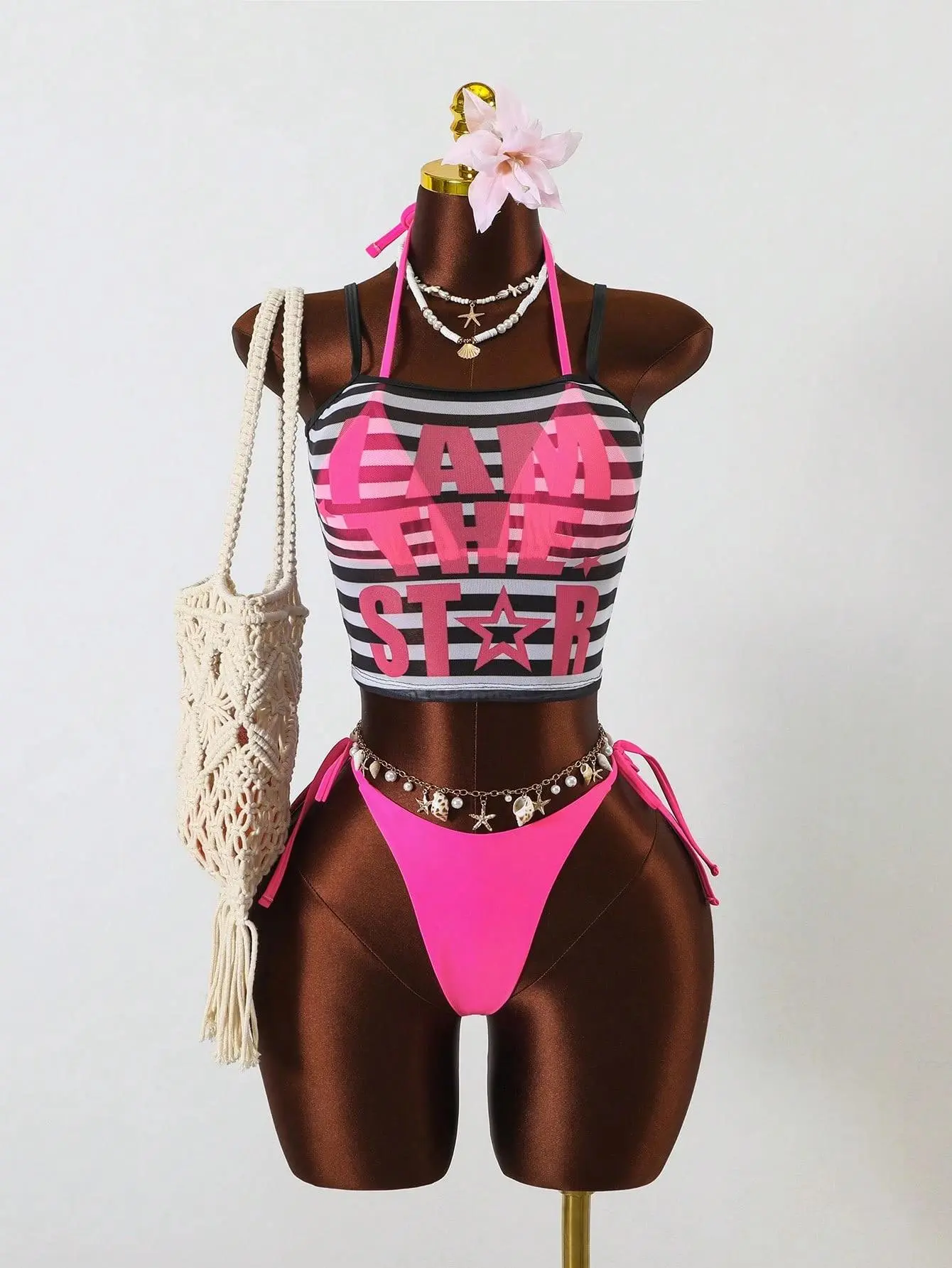 LALUZ Boutique 3-piece bikini set mesh floral print side tie bottom Y2K tropical beach swimwear