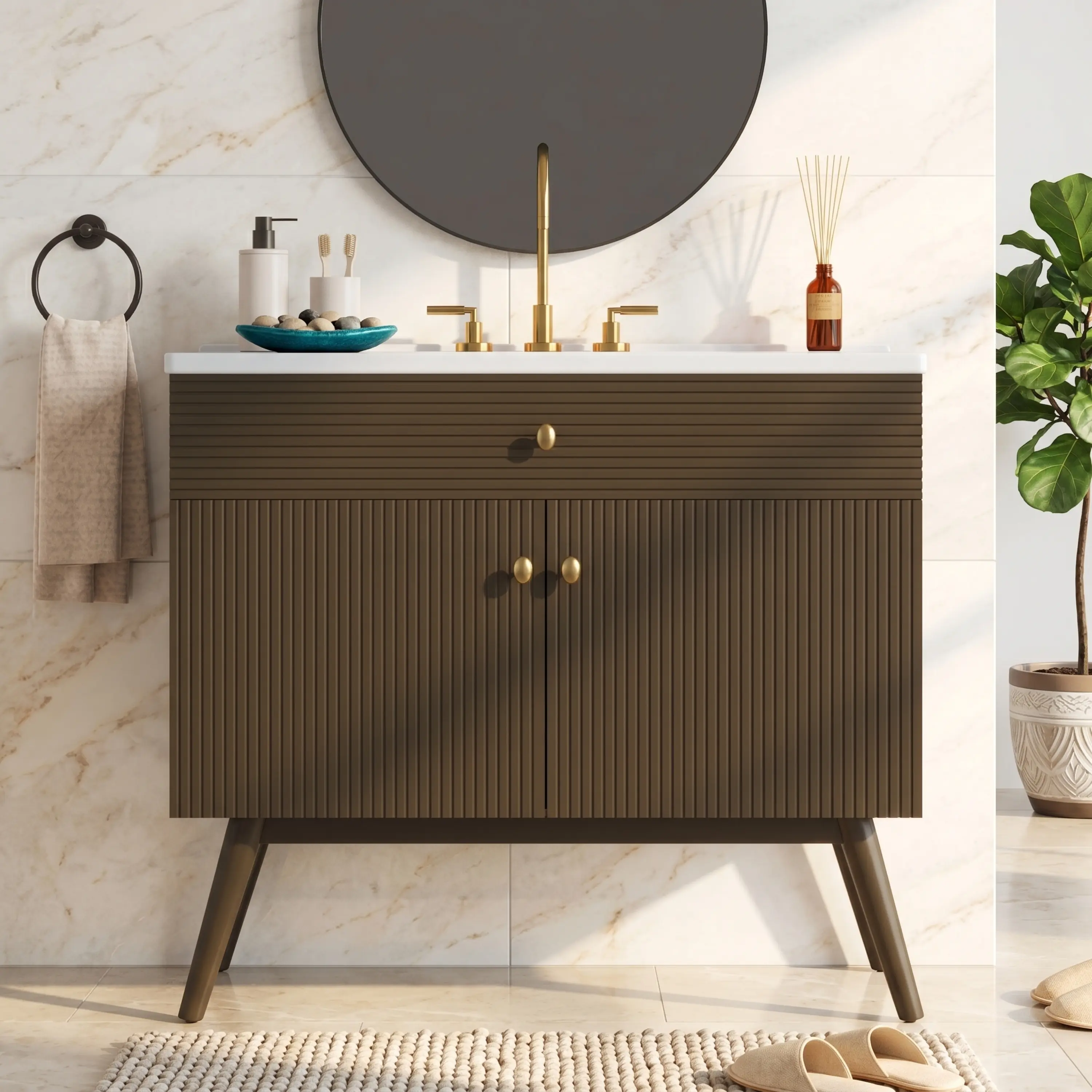 36 Inch Luxury Striped Bathroom Vanity Floor Cabinet with Soft-Close Dual-Door Storage and Premium Ceramic Sink, Dark Brown Finish, Freestanding Bathroom Furniture for Master or Guest Bathroom, Bathroom Furniture for Vanity Area, Storage