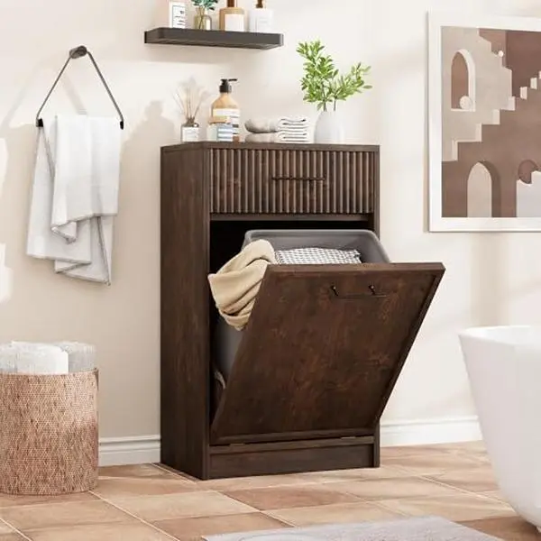 Fluted Tilt Out, Hidden Garbage 10 gal, Freestanding Dog Proof Trash Cabinet, Wooden Trash Can Cabinet for Kitchen Dining Living Room