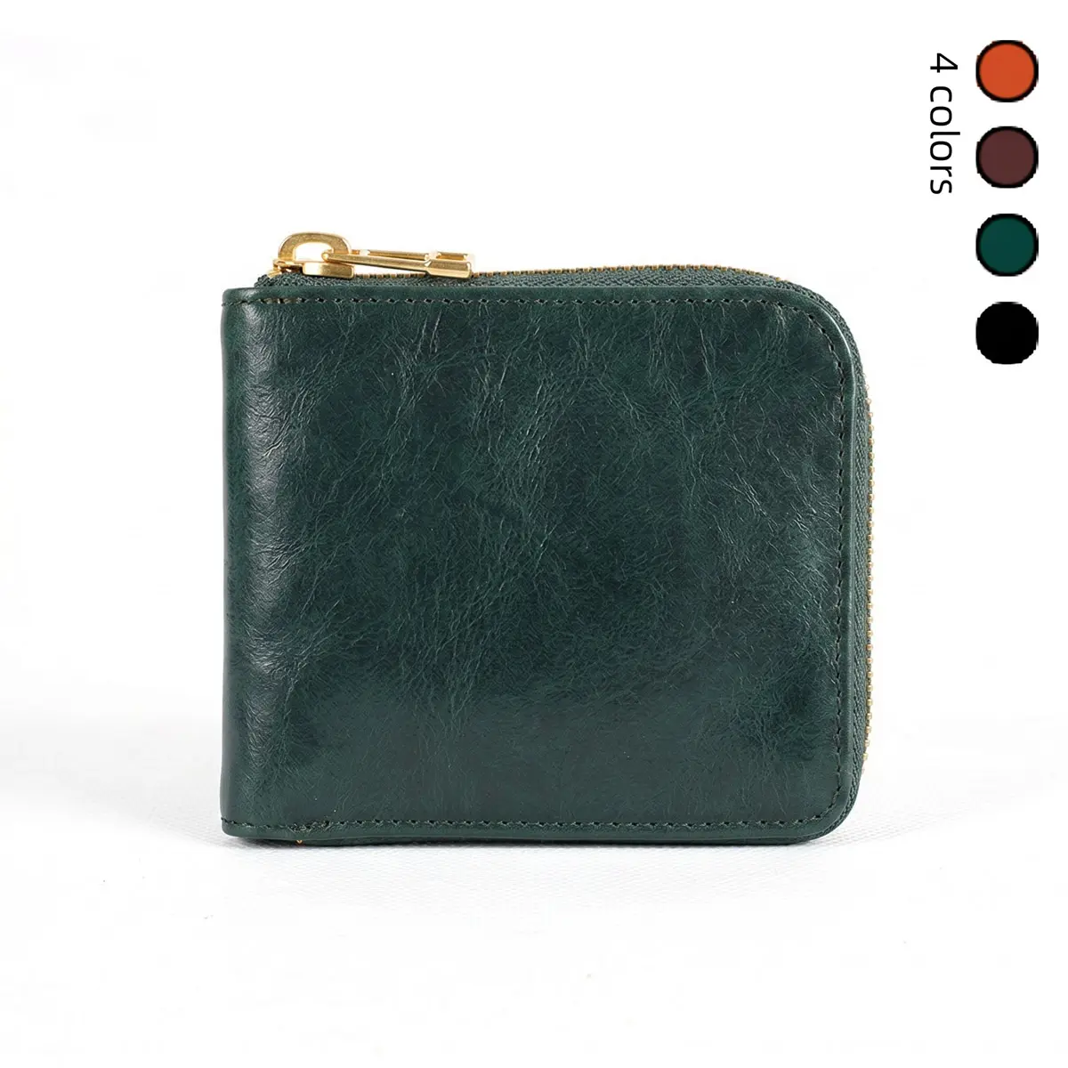 Genuine Leather L-Zip Bifold Wallet - Premium tumbled natural tanned Cowhide - ID Window & Card Slots - YKK Zipper