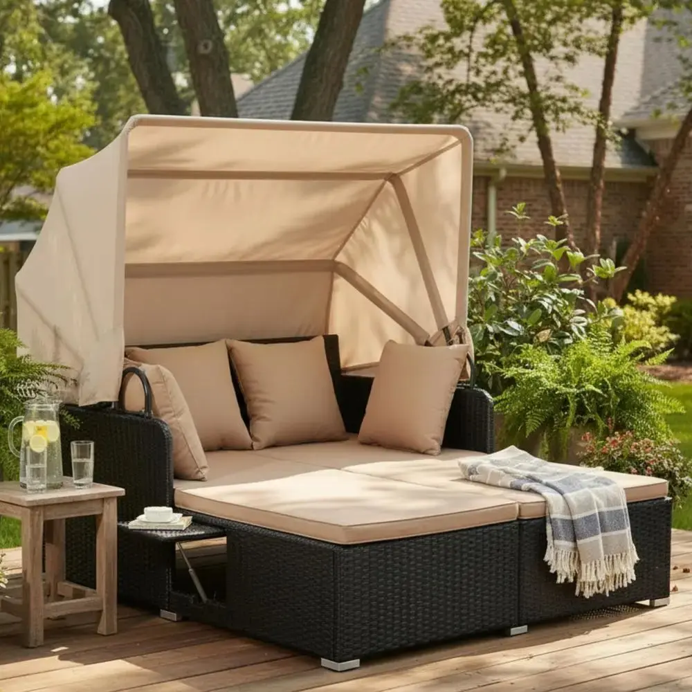 Patio Rattan Daybed with Retractable Canopy,  Outdoor Wicker with 2 Foldable Side Tables,