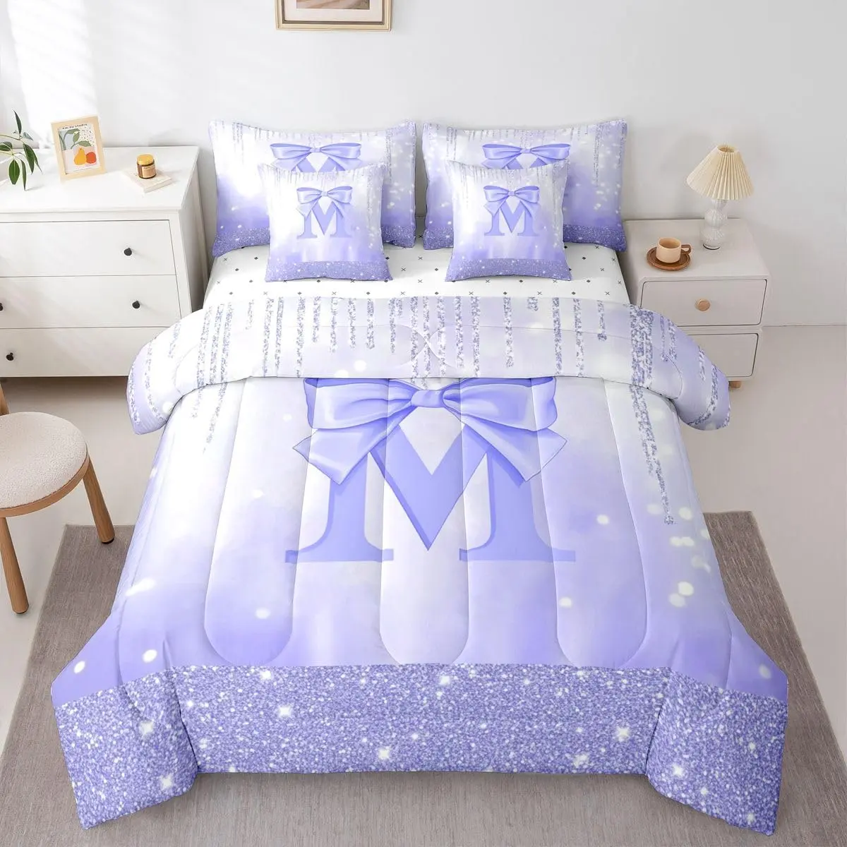 Purple Bowknot Comforter Set with Sheets 7 Piece Initial Letter M Bedding Set Princess Glitter Bed in a Bag Cute Bow Alphabet Room Decor Soft