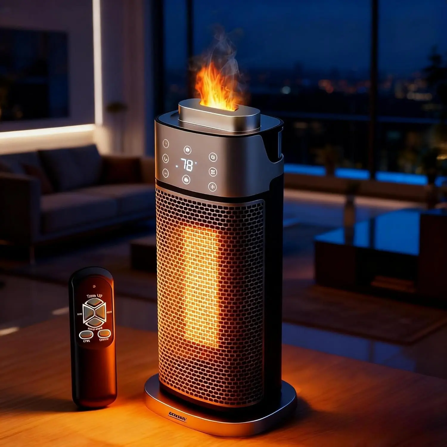 ROVSUN 3-in-1 PTC Ceramic Electric Space Heater - Heat Humidify, 3D Flame Effect, Digital Display, Remote Control, 16in Portable Tower Heater with Timer, Adjustable Thermostat, Tip-over & Overheat Protection for Indoor Users Bedroom, Home (1 Pack)