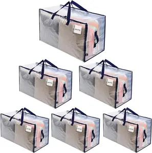 6 Pack Extra Large Clear Moving Bags – Heavy Duty Clothes Storage Totes with Reinforced Handles & Zippers