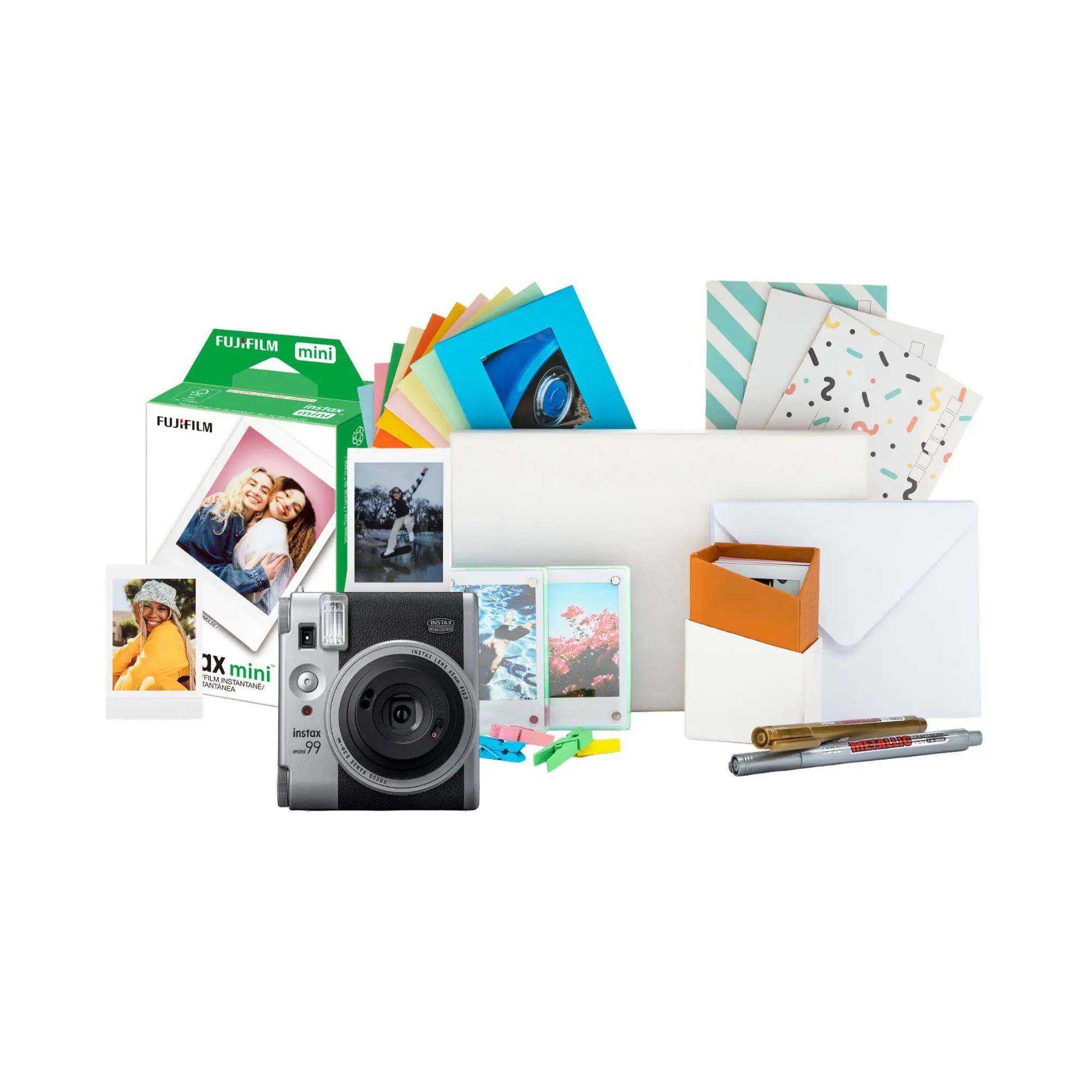 Fujifilm Instax Mini 99 Silver Analog Instant Camera Bundle - Rechargeable, with Timer, Lens, Flash, 20-Pack Film, and Accessories Kit