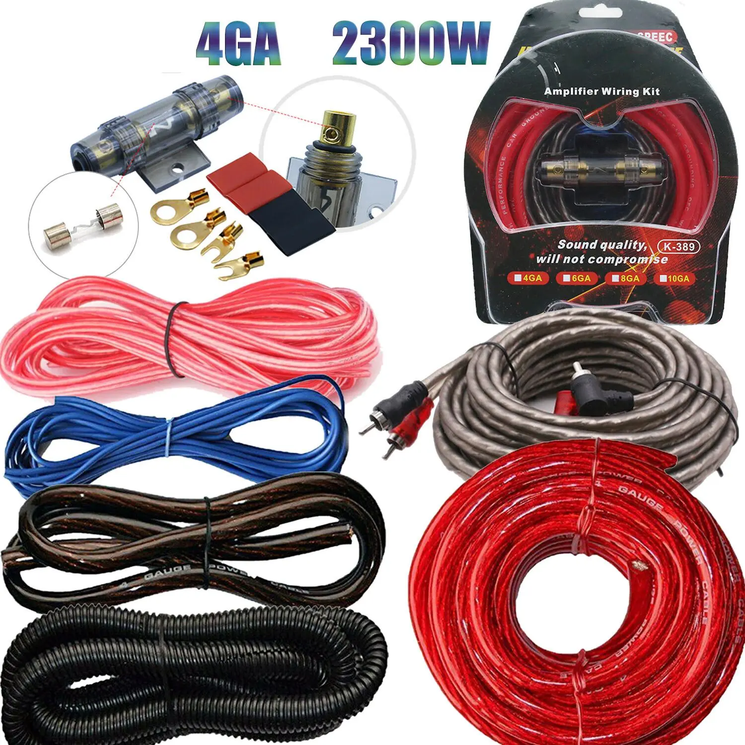 2300W 4 Gauge Vehicle Amplifier Wiring Package, Anti-Corrosion Flexible Copper Clad Aluminum Wires, Shielded RCA Cable, Fuse Block for Clear Car Audio Sound Quality