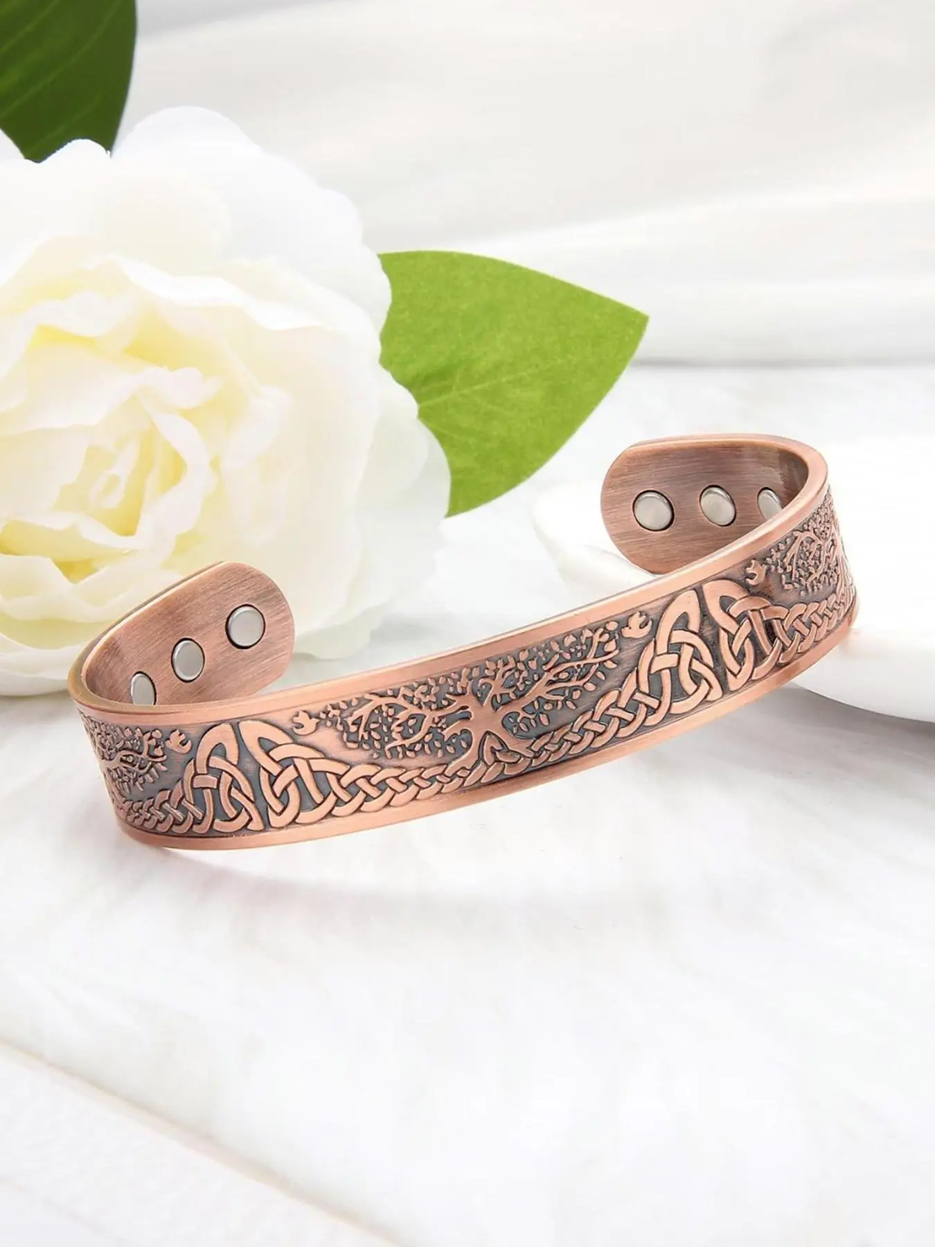 Pure Red Copper Tree of Life Magnetic Therapy Bracelet for Men, Celtic Knot Engraved Adjustable Open Cuff Bangle with High Strength Magnets Vintage Viking Jewelry Gift