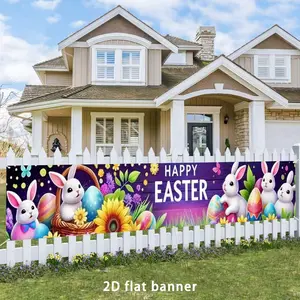 Easter Happy Yard Banner, Elegant Rabbit & Egg Design, Easter Garden Decoration, Perfect for Outdoor Fence & Lawn Decor, Decorative Banner