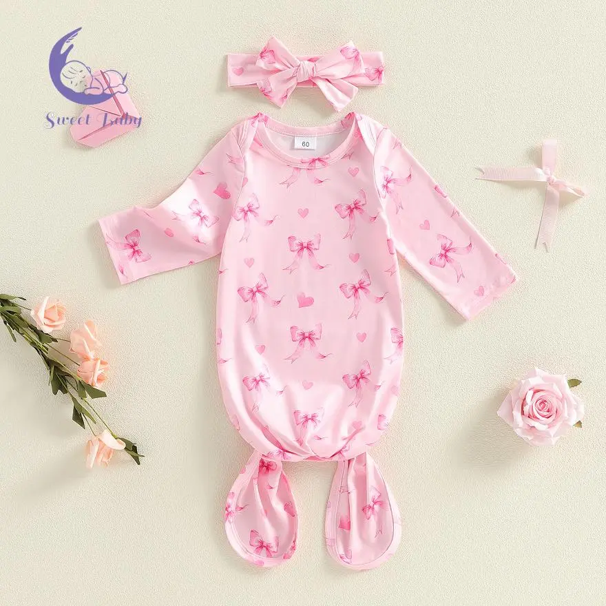 Newborn Girl's Cotton Blend Zipless Sleeper Gown with Bow Print & Headband Set, All Seasons Baby Nightgown Hairband Set
