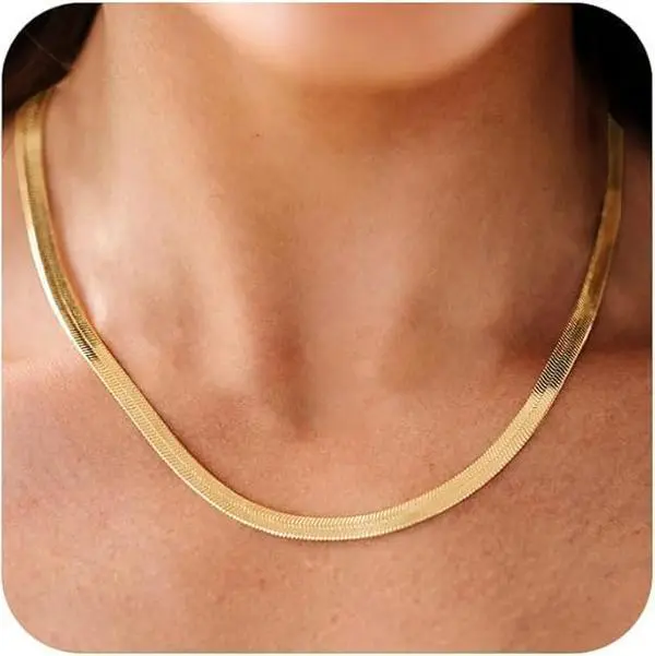 14K gold plated Necklaces for Women, Dainty GoldHerringbone Choker Necklace for Women ThinLayered Chunky Snake Chain NecklacesJewelry for Teen Christmas Gifts