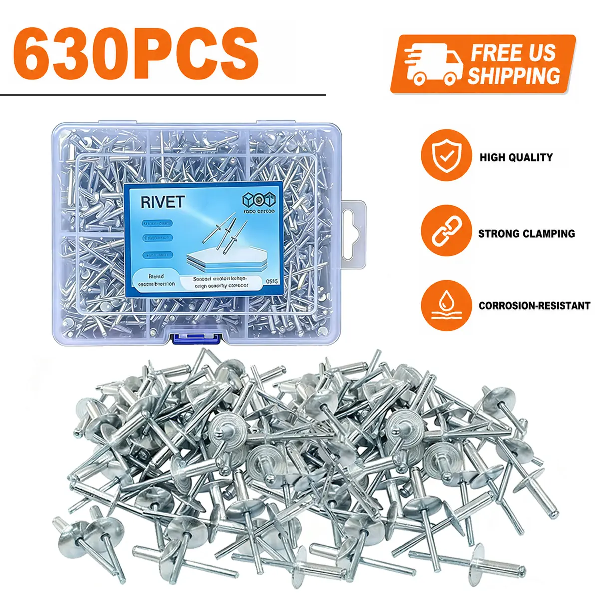 Heavy Duty Stainless Steel Blind Pop Rivets Assortment Kit, 630 Pcs Various Assorted Sizes (3.2/4/4.8mm) Reliable Fasteners for DIY, Sheet Metal Fix, Car Repair, Durable