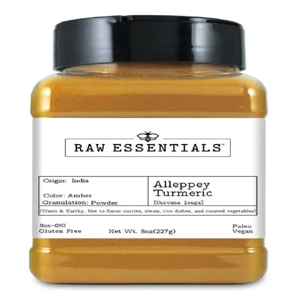 Raw Essentials Turmeric Alleppey – Curcumin 5% – Warm & Earthy Flavor – Perfect for Curries, Stews, Rice & Roasted Vegetables – Non-GMO, Gluten Free, Vegan, Paleo – 8oz Bottle