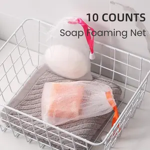 10 Counts Foaming Net Exfoliating Mesh Soap Bag Face Cleansing Foaming Nets, White Pouch with Drawstring for Bath & Shower Scrub Cleansing  Soap Bubble Mesh Bags
