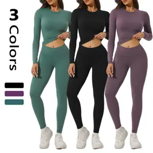 Women's 2-Piece Solid Color Tracksuit Set - Long Sleeve Round Neck Top & Tight-Fit Leggings, Women's Clothing Sets for Yoga, Gym, Two Piece Set