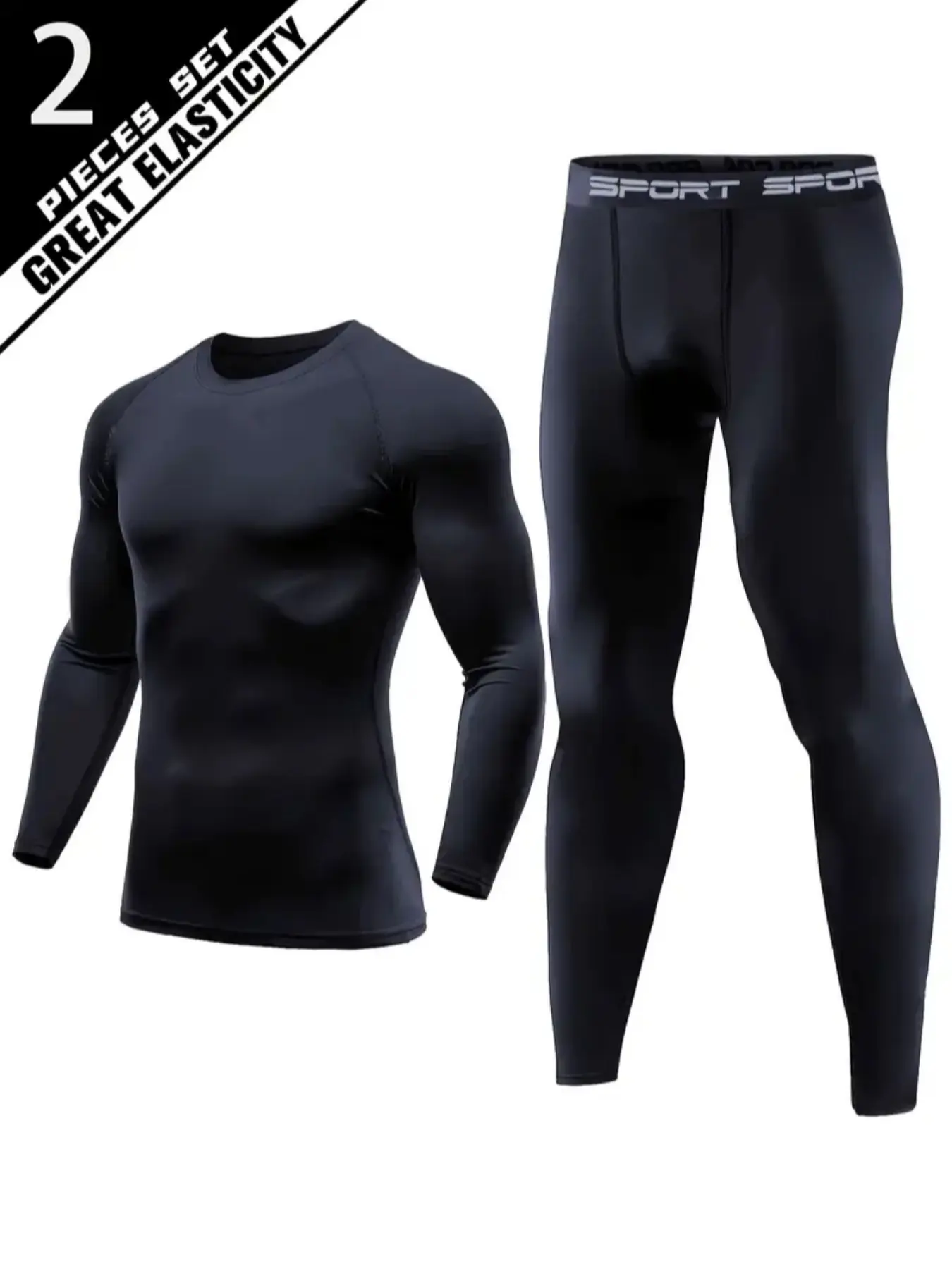Men's 2-Piece Stretchy Sports Workout Underwear Set with High Elastic Polyester and Spandex Fabric, Long Sleeve Compression Shirt and Pants for Running Basketball Training Work Out Outdoor Activities, Tight Leggings