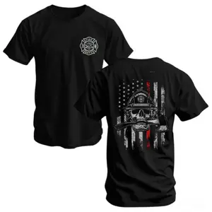 Firefighter Skull T-Shirt, Thin Red Line Flag and Axe Pattern, Soft Cotton Tactical Shirt, Bold Fire Department Apparel for Men, Gift for Brave Firefighters and Rescue Personnel, Unisex Casual Comfortable Top
