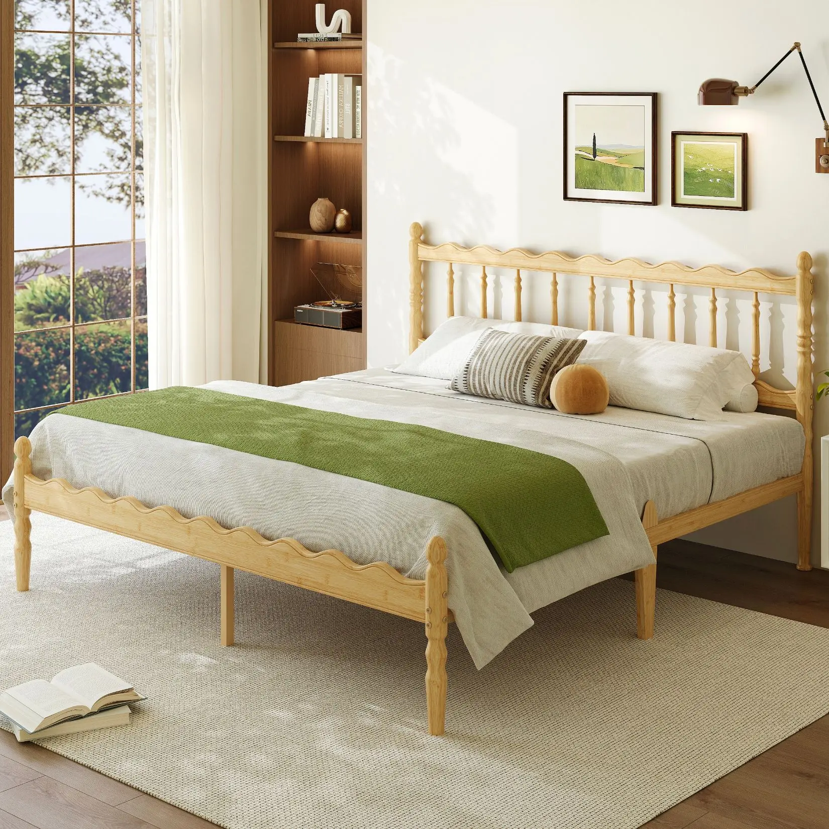 Aardhen Bamboo Wood Spindle Bed Frame - Wavy Headboard, Natural Slat Support, Silent Stable, Easy Toolless Assembly, Modern Minimalist Wooden Bedframe for Adults, Nordic Twin Elevated Bed Frame, Twin Bed Frames