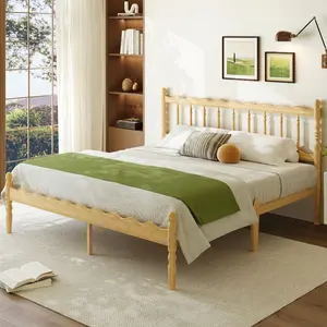 Bamboo Wood Platform Bed Frame with Wavy Headboard Natural Slat Support Silent Stable Easy Assembly Modern Minimalist for All Ages