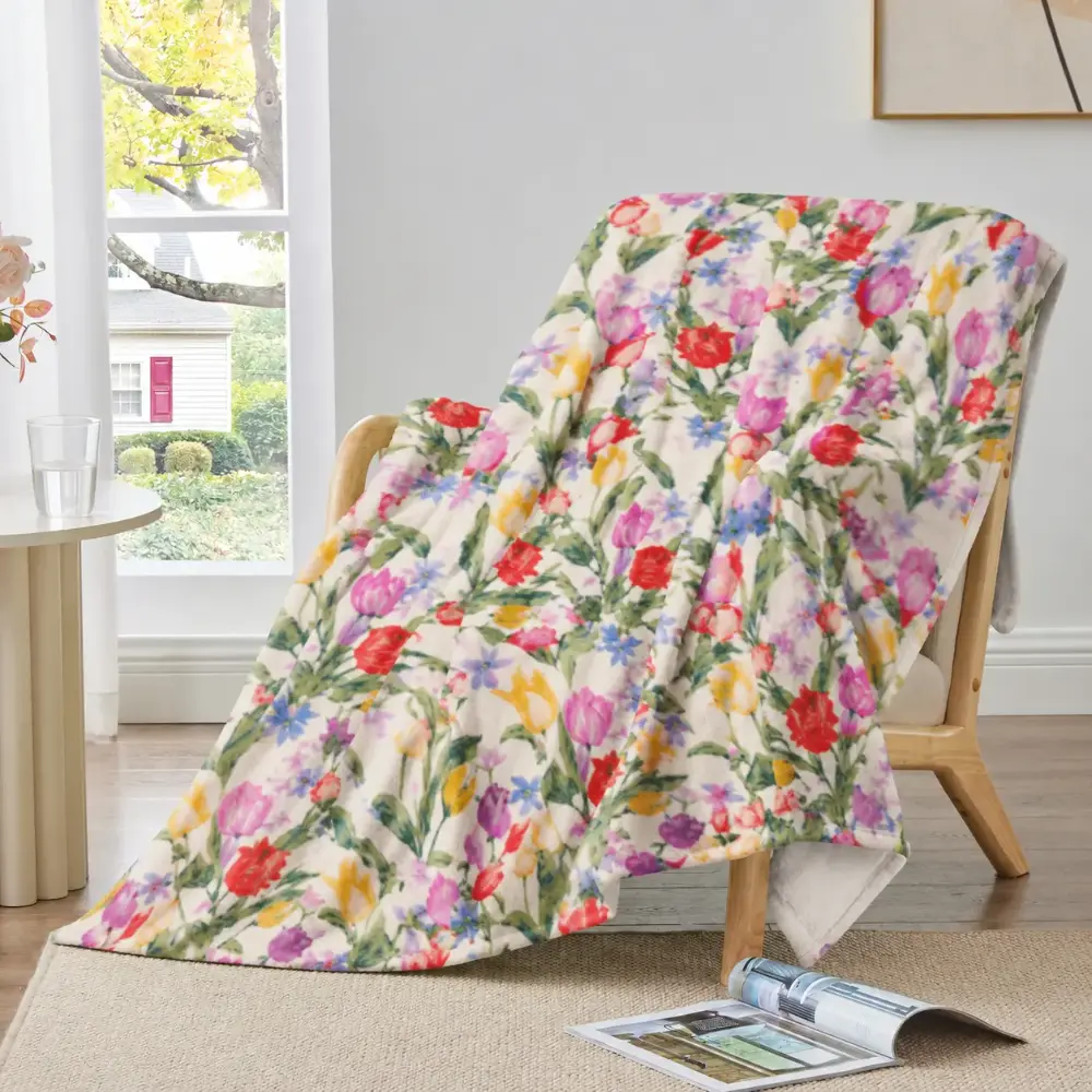 Velvetsoft Throw Blanket - Single-Sided Soft Floral Print Lightweight Flannel, All-Season Warm Plush, Aesthetic Home Decor Flower Bed Warmer Blanket, for Sofa Bed, Made in the USA, Flower Blankets