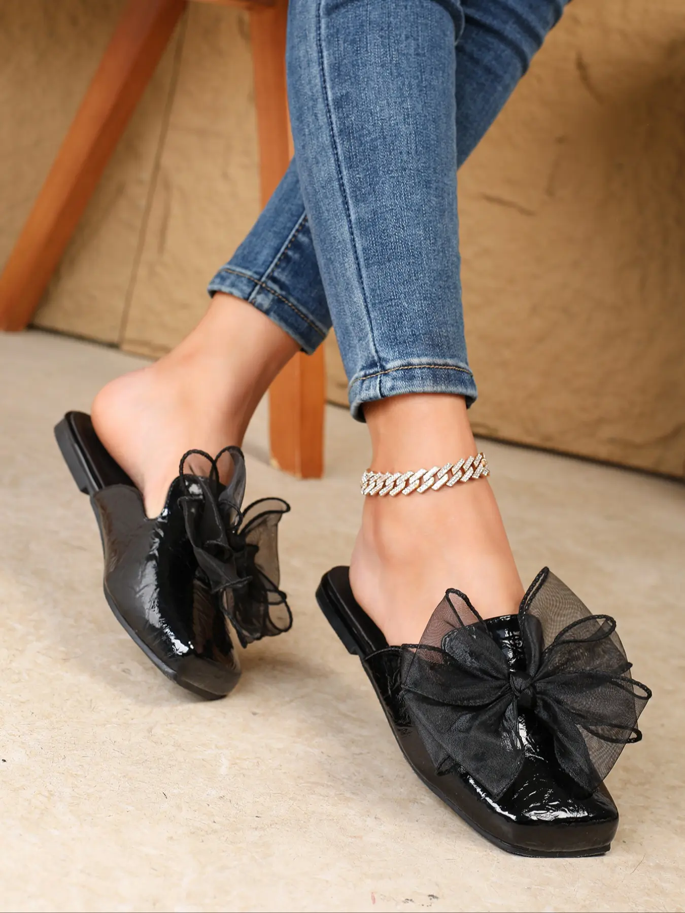 New Spring Fall Slip-On Mules, Anti Slip Clogs, Sexy PU Leather Square Toe Shoes, Thick Heel Anti-Slip Office Work Flats, Casual Wear, Square Toe Footwear