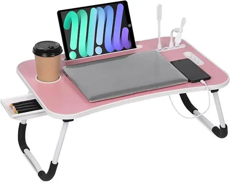 Eco-Friendly Modern Rectangular Wood Frame Laptop Bed Table - 23.6" Wide Compact Foldable (23.6x15.5in) with USB Charging Port, Handle, Desktop Card Slot, Cup Slot, Side Drawer, Portable Home Organizer for Office, Camping, Perfect Gift Idea for Parents