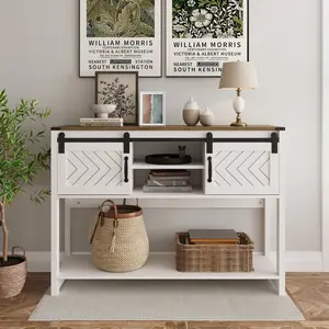RoyalCraft L Entryway Table with Storage, 46" Modern Farmhouse Console Table with Sliding Barn Door, Wood Rustic Sofa Table with Adjustable Shelf for Hallway, Living Room, Foyer