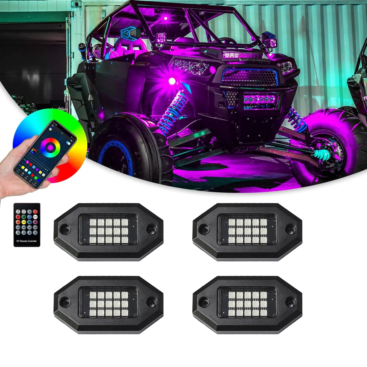 RGB Rock Lights Offroad Pod Kits (4/8/10 Pods) - Waterproof Multicolor Neon Underglow, 3-Way Control (Remote, Bluetooth App, Switch), Music Sync Wheel Well Lights for Trucks/SUVs, UTV ATV