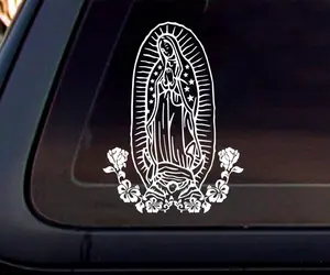 Virgin Mary Car Decal - White Vinyl Sticker With Roses