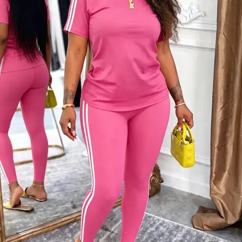AUXDIO Women's 2-Piece Side-Striped Polyester Set - Fitted Round Neck Short Sleeve Tee & Trousers, Casual Sporty Athleisure Activewear, Summer Clothes for Women, Fitness Outfit