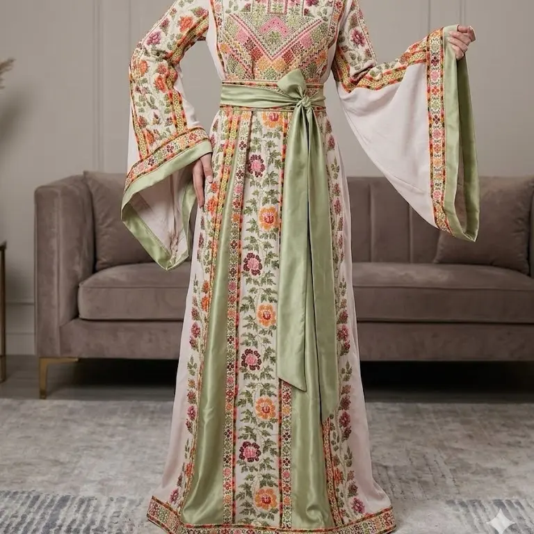 Elegant thobe Floral Print Green Belted Dress with Intricate Border Details and Long doeble Sleeves