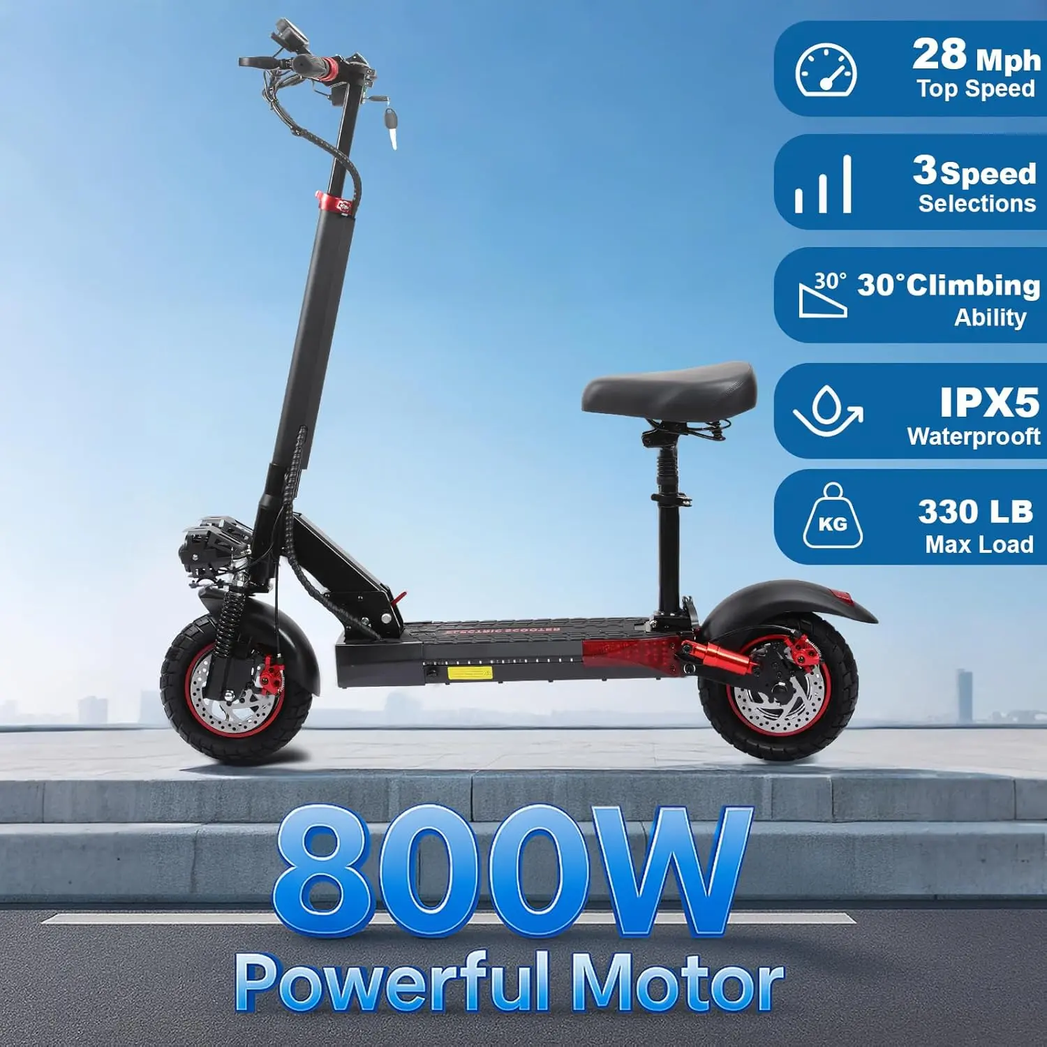 48V 15Ah Battery  Electric Scooter Adults, 800W Peak Motor, 25 Miles Max Range, 28 mph Max Speed, Off Road 10" Self-Sealing Vacuum Tires, Folding E-Scooter with Seat, Dual Brake & Dual Suspension