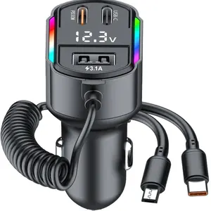 USB C Car Charger,  30W 3-Port Dual 12V USB Car Power Charger PD&QC3.0 Fast Charging Cigarette Lighter Adapter Plug for iPhone 15 16 Pro Max iPad Samsung S25+5ft Type C Coiled Cable (Black)