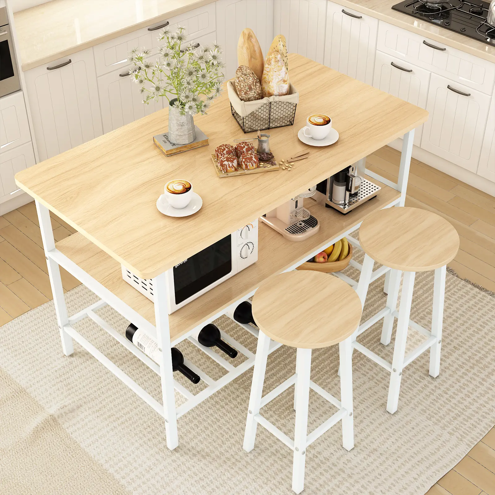 Kitchen Island Table with Seating - AWQM Stationary Island with 3 Shelves & 2 Chairs, Counter-Height