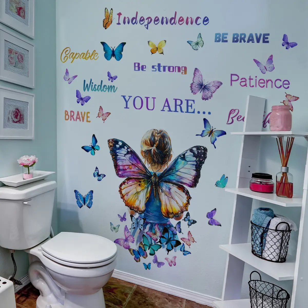 A creative colored butterfly wing girl's back English inspirational Decorative wall sticker (30*90cm) for living room and bedroom decoration background wall sticker Decorative Decal Decorative Stickers Butterfly Wall Decals (MS7325-YC)