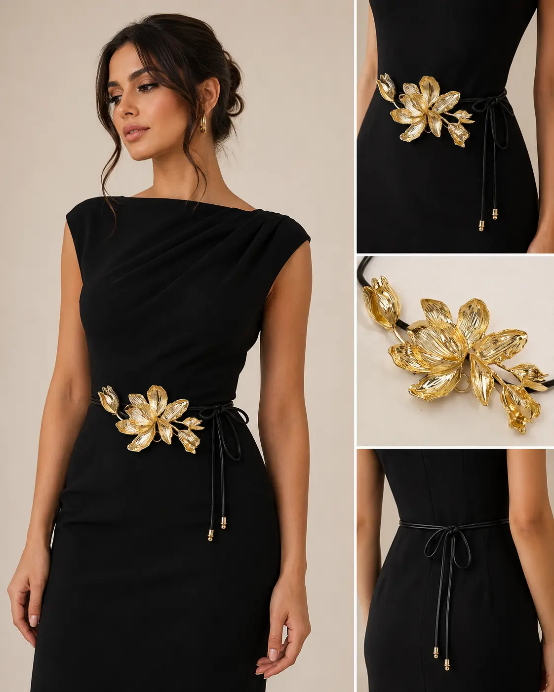 Luxury Gold Floral Waist Belt – Adjustable Metal Flower Tie Belt for Dresses, Gowns & Special Occasions