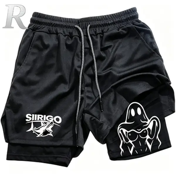 Men's 2-in-1 Quick-Dry Sports Shorts - Bilayer Gym Athletic Wear with Naughty Ghost Graphic, Y2K Parody Summer Outfits