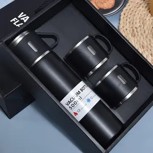 Stainless Steel Vacuum Insulated Bottle Set 500ml / 16.9oz – Double Wall Hot & Cold Water Flask with 2 Cups – Leakproof Travel Coffee Thermo Gift Set (black)