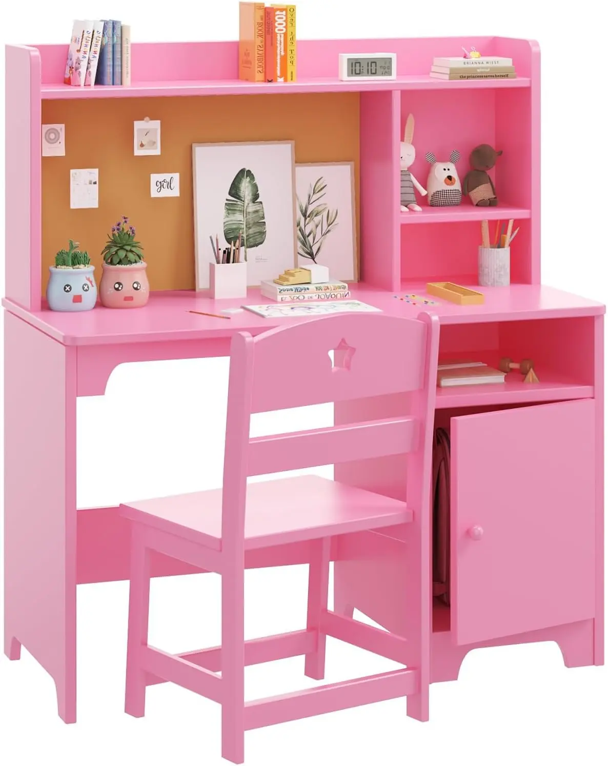 GAOMON Ergonomic Wooden Student Desk & Chair Set - Organizer Hutch, Storage Cabinet, Kids' Computer Workstation for Bedroom or Study Room, Pink