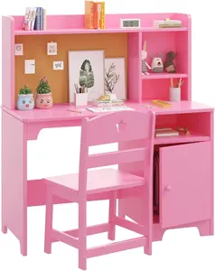 Gaomon Wooden Student Study Desk & Chair Set - Ergonomic Design Furniture with Hutch, Storage Cabinet Organizer, Pink Computer Workstation for Kids' Bedroom or Study Room