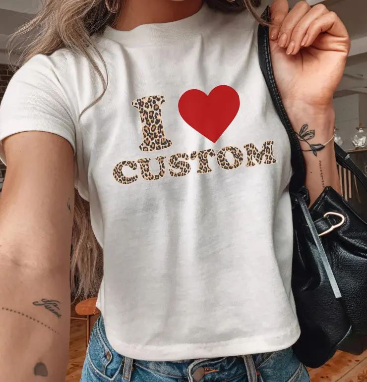 I Love Custom Leopard Baby Tee, I Heart Custom Shirt, Personalized Text Baby Tee, Personalized Y2K T-Shirt, Custom 90s , Trendy Y2K Clothing