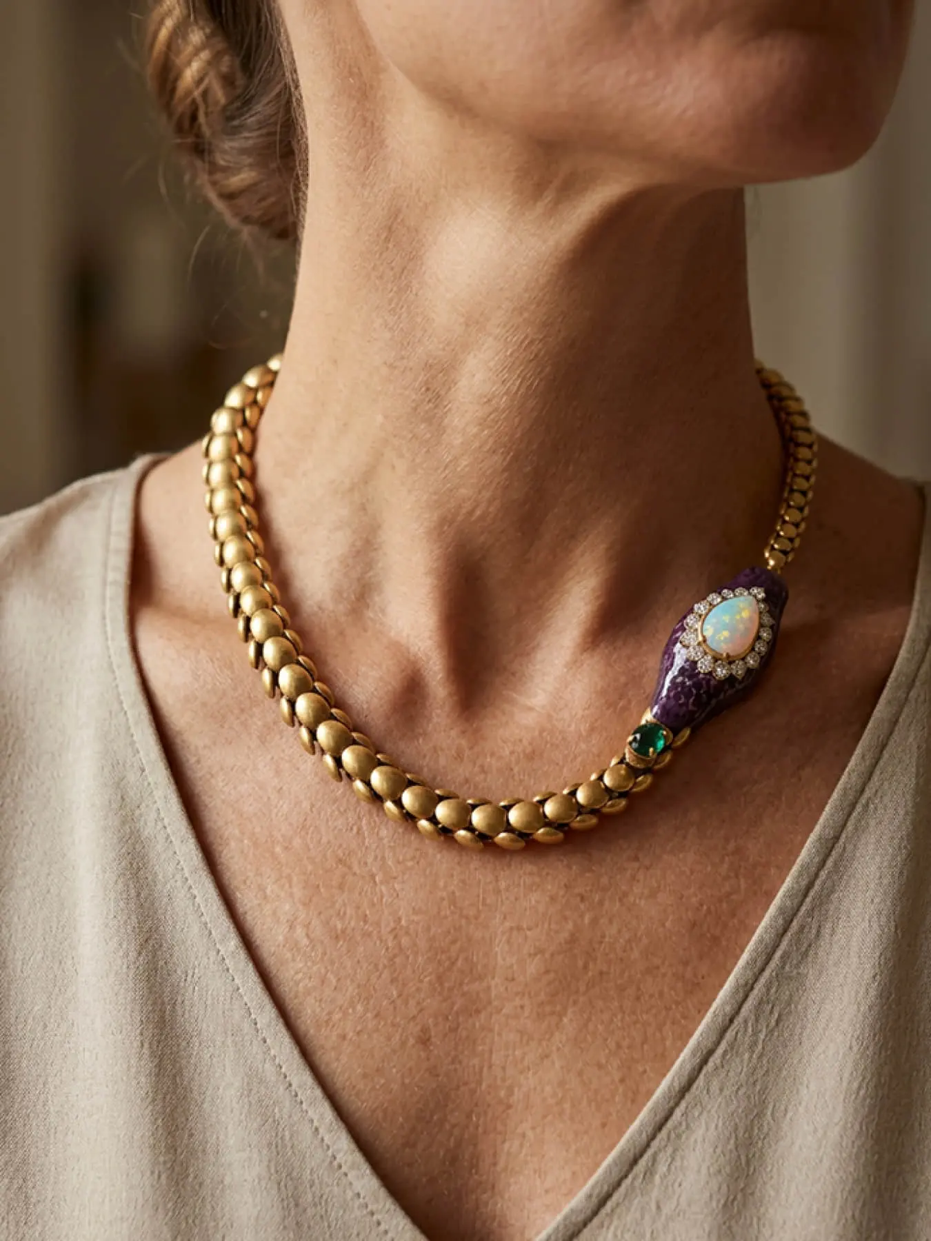 This vintage snake shaped emerald necklace features a snake head inlaid with colorful opal and emerald, suitable for daily wear, vacation dates, and other occasions. It is also a delightful and exquisite small gift.