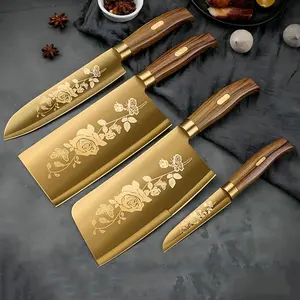 4pcs Luxury Kitchen Knives Set, Stainless Steel Slicing Knife, Titanium Coated Chef's Knife, Durable and Sharp Cutting Tools