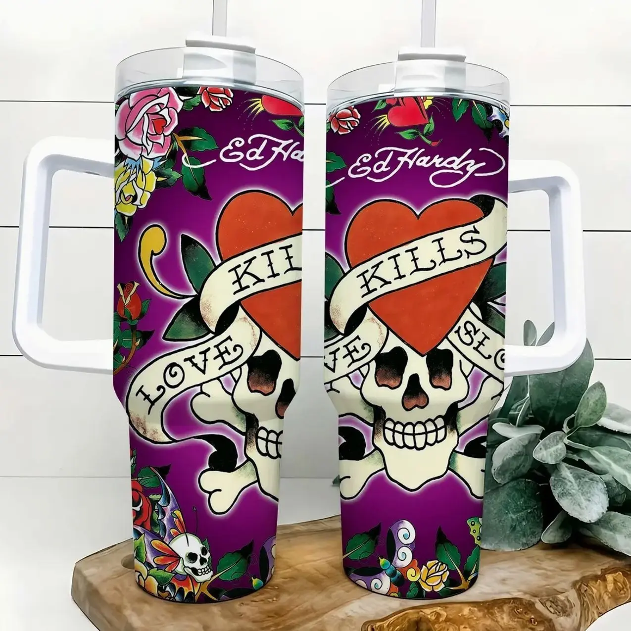 Ed Hardy Love Kills Slowly 40oz Insulated Travel Tumbler Stainless Steel Mug with Handle and Straw Leak Proof Vacuum Thermal Cup Keeps Drinks Hot 12H Cold 24H Fan Gift Y2K Tattoo Art Streetwear Graphic Large Water Bottle Reusable Mug Retro 2026